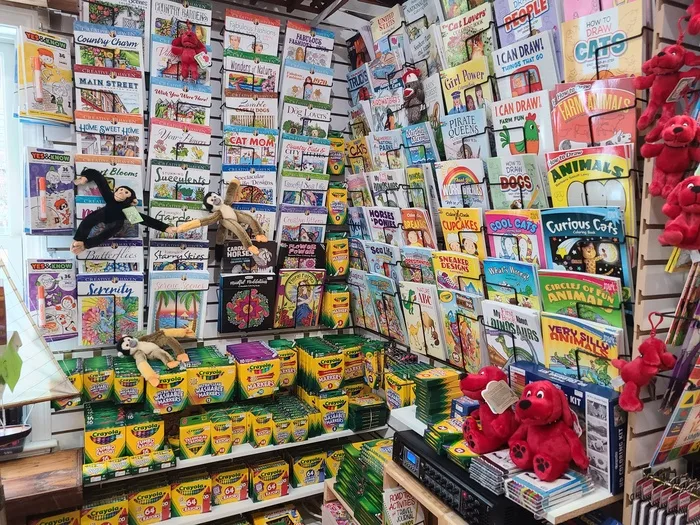 Crayons, coloring books and craft supplies wall