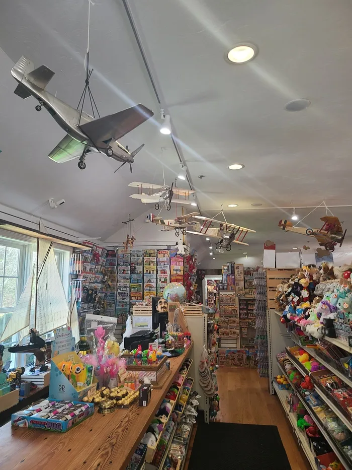 Model biplanes hanging from the ceiling above the toy aisles